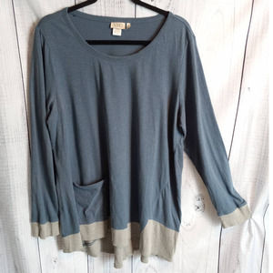 LOGO Lori Goldstein | Smoky Gray/Blue with Taupe Contrast Mixed Media Tunic Top